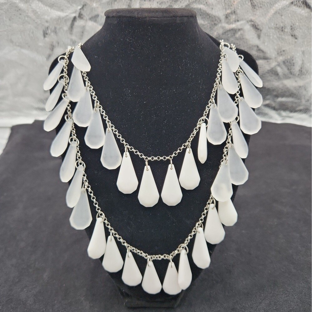 Necklace Silver Tone Dual Strand Bib Dangling Frosted & White Teardrop Beads VTG